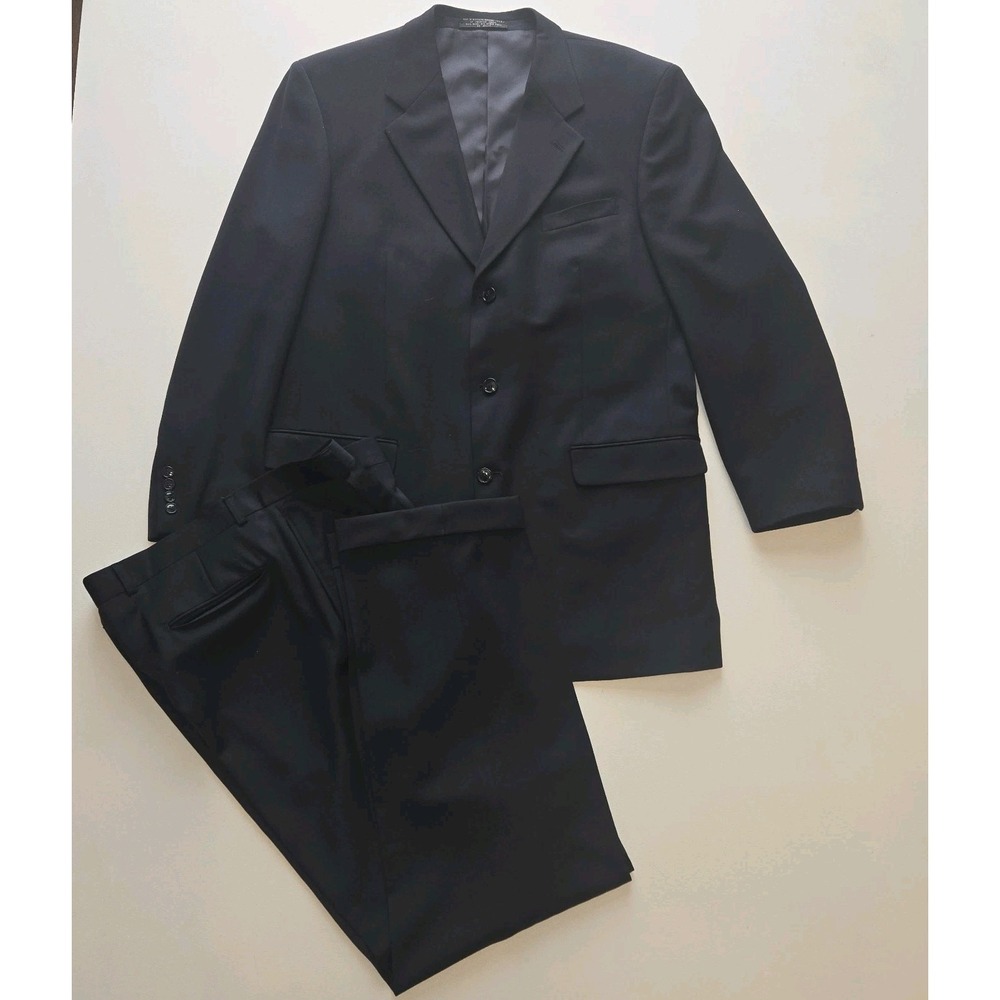 Albert Nipon Navy Blue 100% Wool Suit Jacket Pants Golden Fil USA Made 42R 36x29